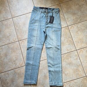 High-Rise Light Blue Button-Fly Jeans with Panel Stitching